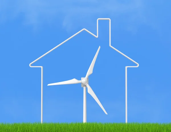 Conceptuele Ecologische Huis Met Windturbine Tegen Duidelijk Hemel — Stockfoto