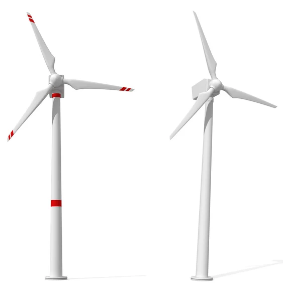 两个风力涡轮机孤立白色 上呈现 — 图库照片