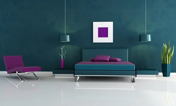 Moderno Dormitorio Azul Con Cama Doble Chaise Lounge —  Fotos de Stock