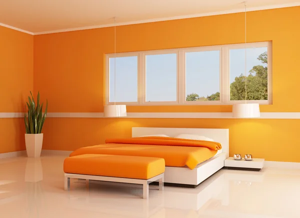 现代橙色卧室 — 图库照片