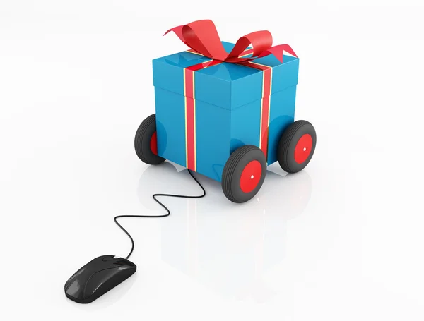 许多使用概念 蓝色和红色礼品盒 Covoy 白色上孤立的车轮上 — 图库照片