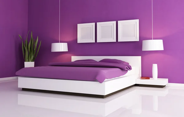 stock image Minimal purple bedroom with white double bad