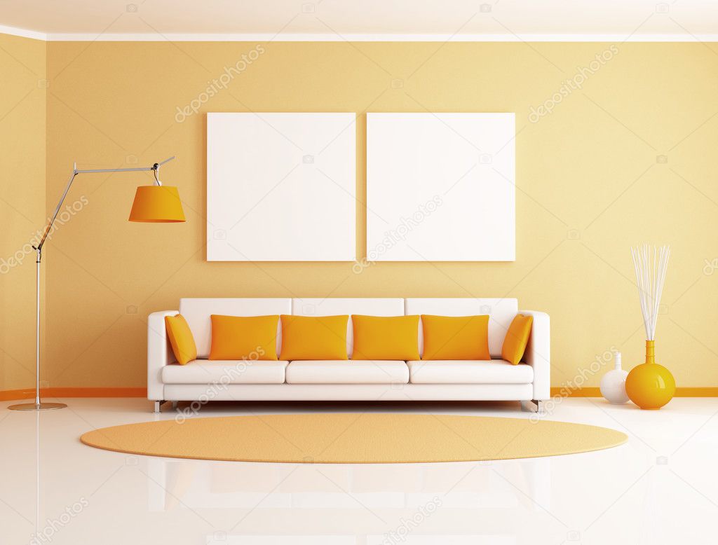 Orange and white minimalist living room - rendering