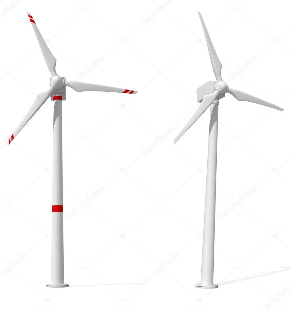 Two wind turbines isolated on white - rendering