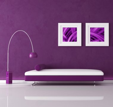 Purple minimal interior with velvet sofa and lamp, the image on wall are my abstract composition clipart