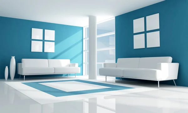 Blaues Modernes Wohnzimmer Mit Zwei Sofas Aus Weißem Samt Rendering — Stockfoto