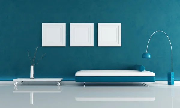 Interior Mínimo Azul Con Sofá Terciopelo Renderizado —  Fotos de Stock