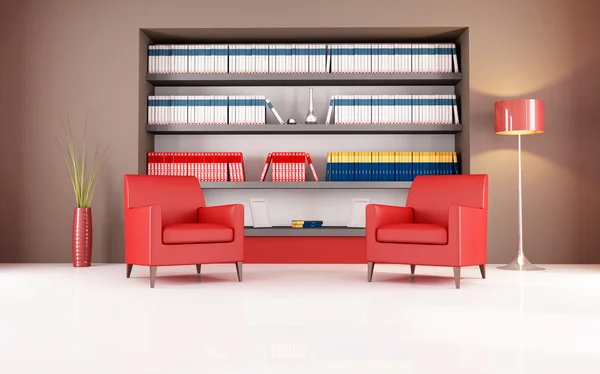 Zwei Rote Ledersessel Gegen Bücherregal Rendering — Stockfoto
