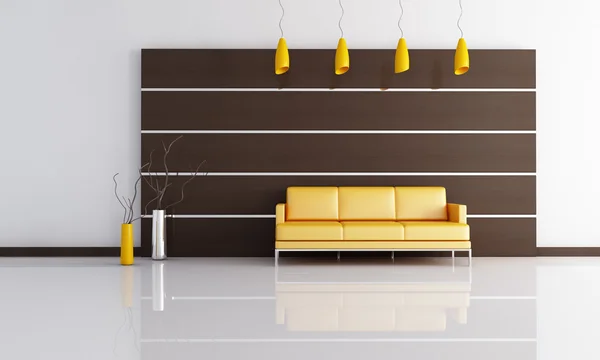 Orange Leather Sofa Dark Wooden Panelling Rendering — стоковое фото
