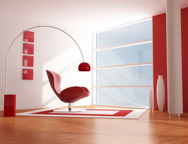 Salón Moderno Con Sillón Moda Roja Representación —  Fotos de Stock
