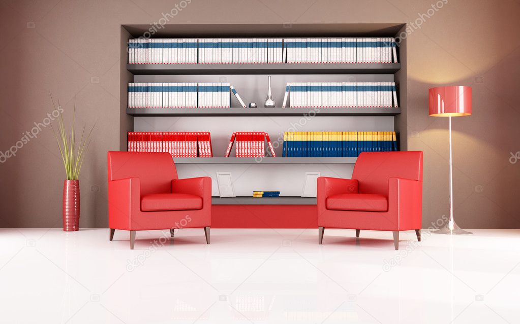 Two red leather armchair against bookshelf - rendering