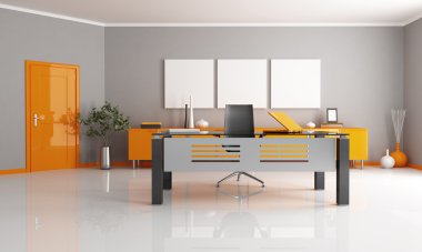 Gray and orange office space - rendering clipart