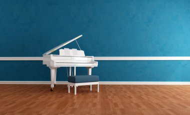 White grand piano in a blue room - rendering clipart