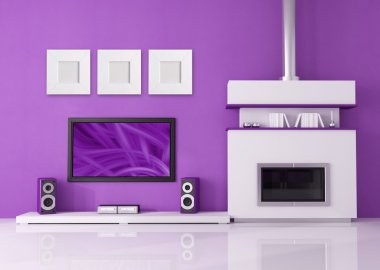 Contemporary white fireplace and home tv system clipart