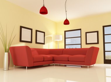 Red angle couch in a modern living room - rendering - the image on back ground is a my photo clipart