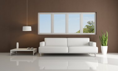 White couch against windows in brown lounge - rendering- the image on background is a my photo clipart