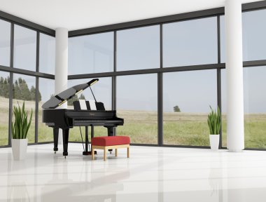 Grand piano in a modern minimalist living room - rendering clipart