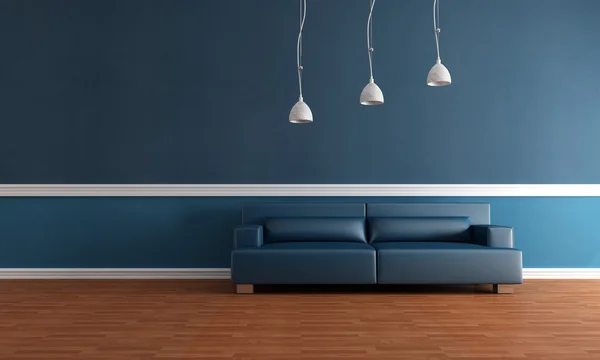 Elegante Blauw Interieur Met Parketvloer Moderne Lederen Couch Rendering — Stockfoto
