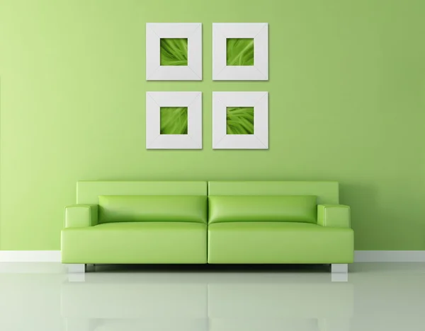 Zelená Moderní Interiér Kožená Pohovka Abstraktní Obraz Obrazy Zeď Jsou — Stock fotografie