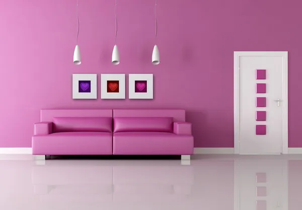 有趣的粉色客厅 呈现在墙上的图像是我呈现的作文 — 图库照片