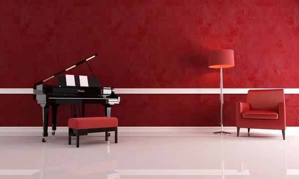 Fortepian Czerwonym Salonie Skórzany Fotel Nowoczesne Lampy Podłogowe — Zdjęcie stockowe