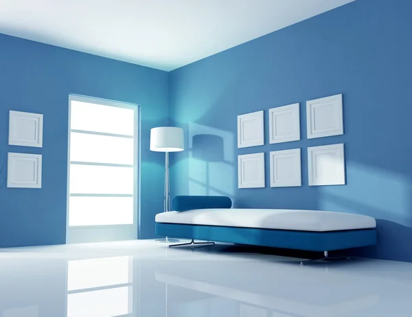 Interior Azul Com Sofá Moda Renderização — Fotografia de Stock