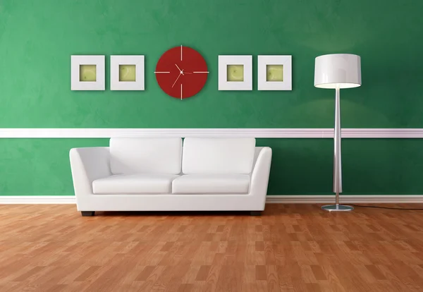 绿色客厅 Witj 白色沙发 艺术墙上的图片是我抽象的作文 — 图库照片