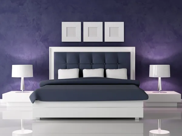 Tmavě fialová ložnice — Stock fotografie