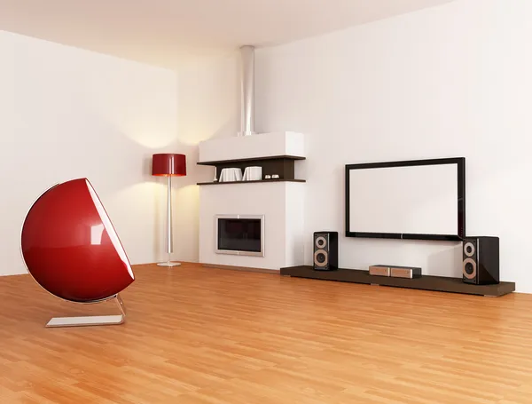 白色小客厅的壁炉时尚扶手椅和家庭电视设备 — 图库照片
