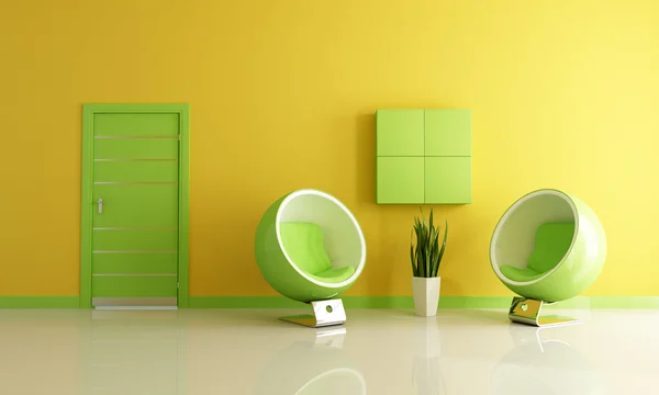 緑と黄色のリビング ルームと Fashio 肘掛け椅子 — ストック写真