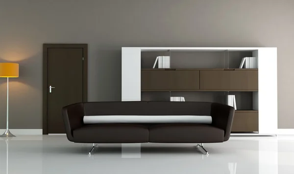 Brun Soffa Och Modern Bokhylla Minimal Lounge — Stockfoto