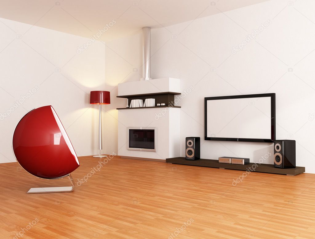 White minimal living room with fireplace fashion armchair and home tv equipment - rendering