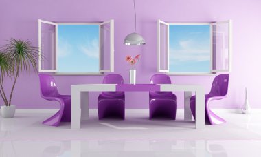 Purple dining room with two open windows clipart