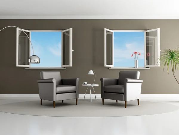 Brown Modern Ruang Tamu Dengan Dua Kursi Dan Jendela Terbuka — Stok Foto