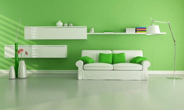 Contemporary living room with white sofa and shelves - rendering