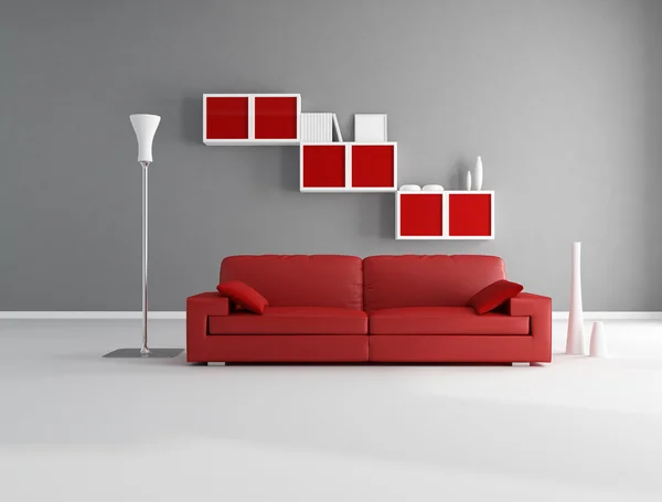 Röda Och Grå Minimalistisk Vardagsrum Rendering — Stockfoto