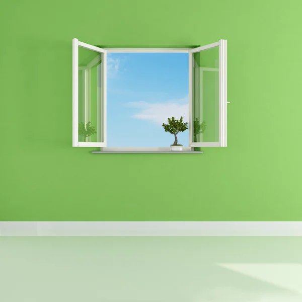 在一个空的绿色房间 打开窗口呈现 — 图库照片