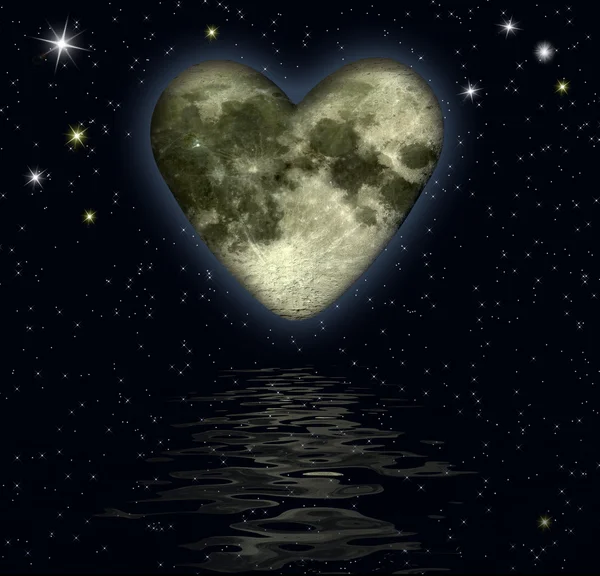 Coeur Avec Texture Mapping Lune Dessus Océan Illustration Numérique — Photo
