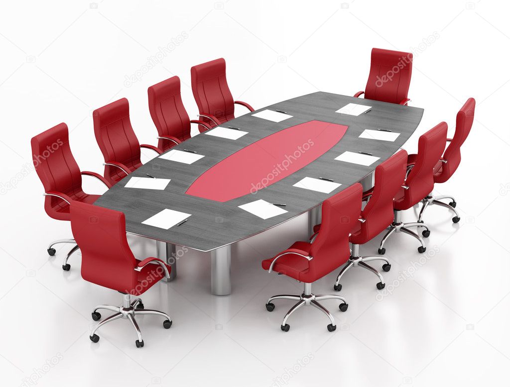 Meeting table and chairs with papers and pens - rendering
