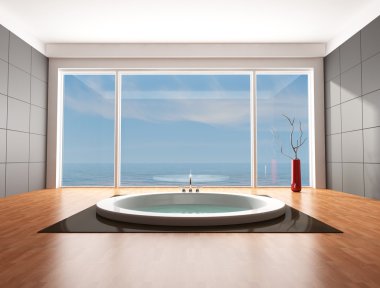 Minimalist bathroom with big circular bathtub - rendering - the omage on background is a my rendering composition clipart