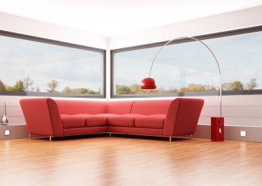 Modern living room with red velvet sofa and big windows - rendering - the image on back ground is a my photo clipart