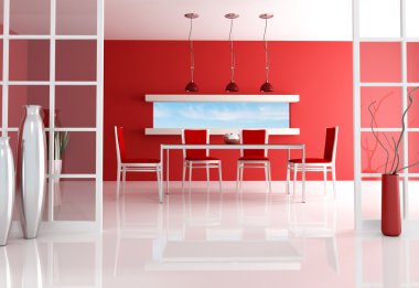 Contemporary red dining room - rendering - the image on background is a my photo clipart