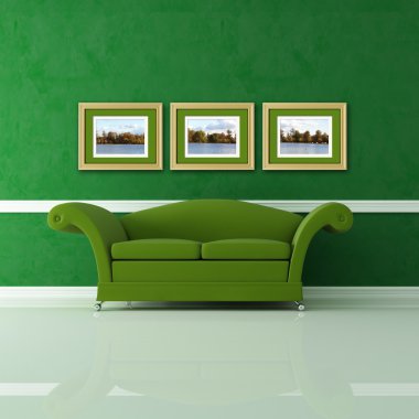 Green interior with three golden frames against stucco wall - the image on wall are my photo (View of Central Park ,London) clipart