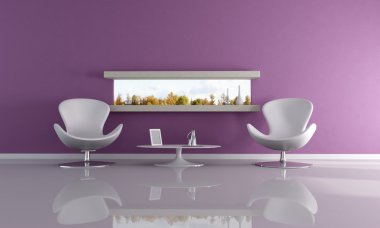 Purple lounge with narrow horizontal window - rendering- the image on back ground is a my photo clipart