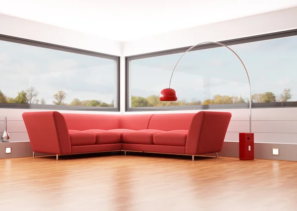 Modern Oturma Odası Kırmızı Kadife Koltuk Büyük Pencereler Render Arka — Stok fotoğraf