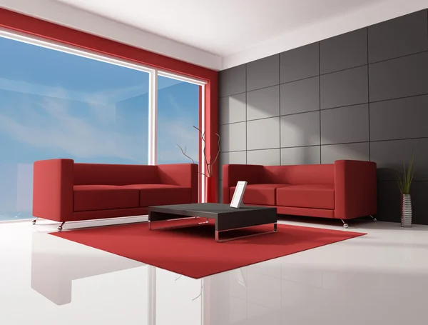 Två Röda Modern Soffa Modern Lounge Rendering Bilden Bakgrund Mitt — Stockfoto