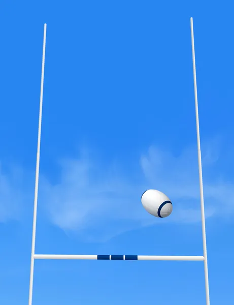 Rugby Gol Post Bola Contra Céu Azul Imagem Chão Traseiro — Fotografia de Stock