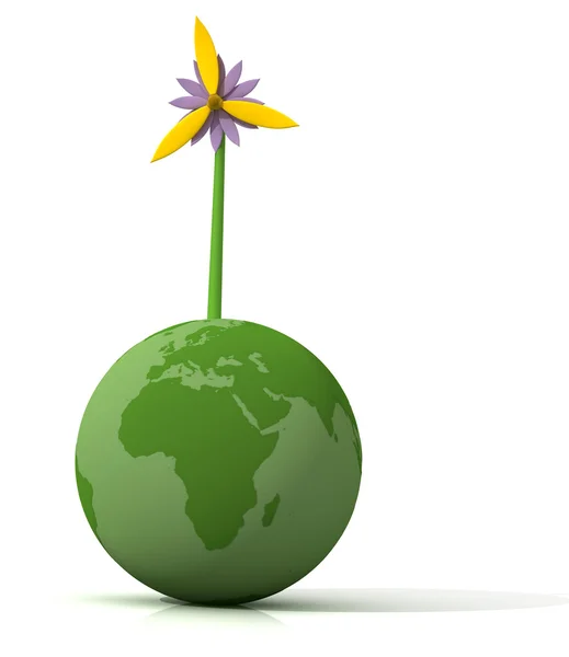 Концептуальный Зеленая Земля Ветряной Турбиной Цветок Изолированный Белом Рендеринг — стоковое фото