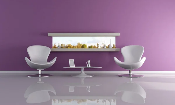 Purple Lounge Med Smala Vågräta Fönster Rendering Bilden Tillbaka Marken — Stockfoto