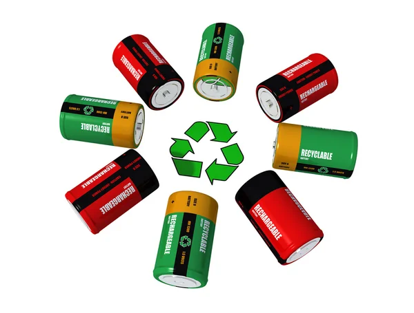 Baterias recarregáveis e símbolo de reciclagem — Fotografia de Stock